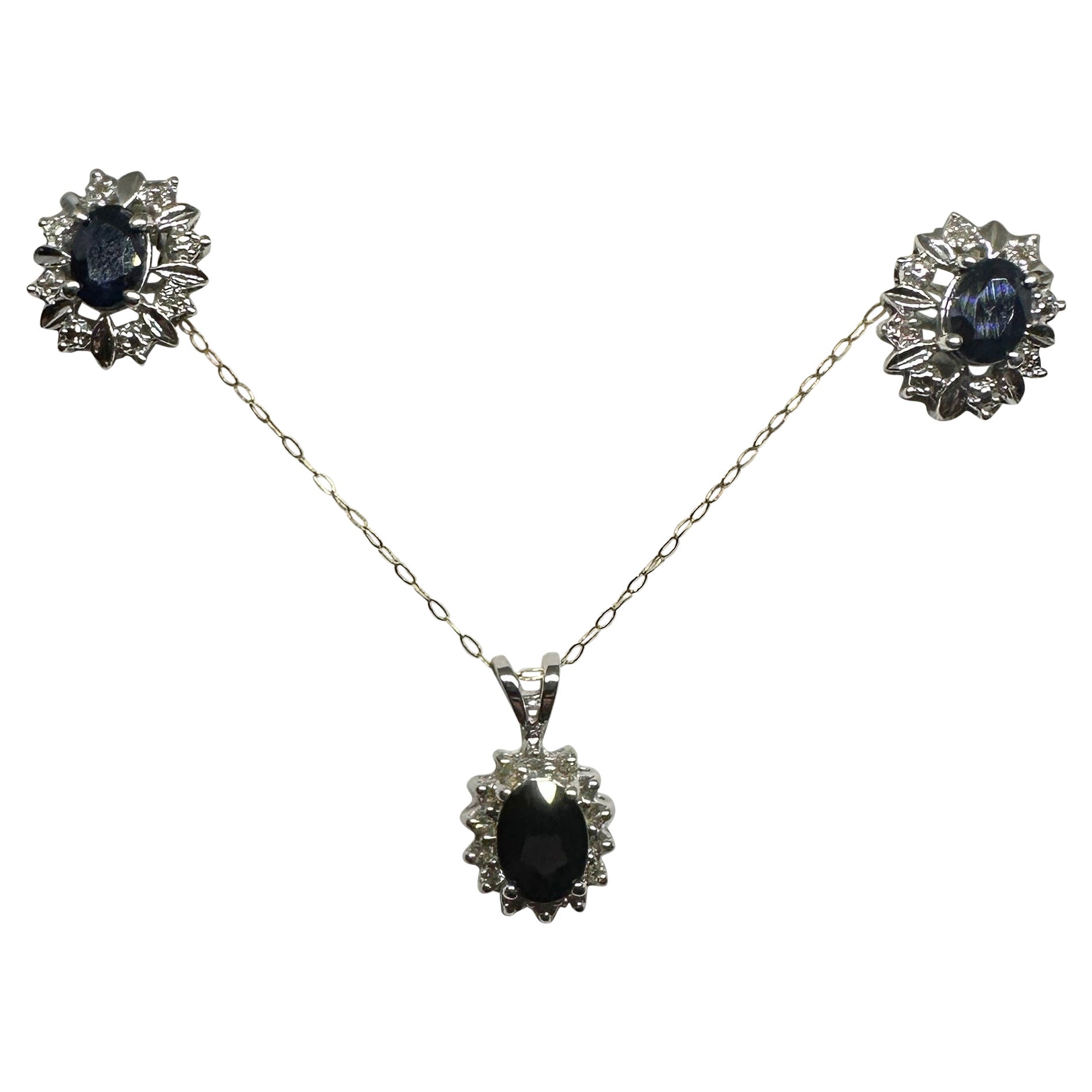 3.3 Carat Sapphire Diamond Earrings And Pendant Necklace Set 14 Karat White Gold