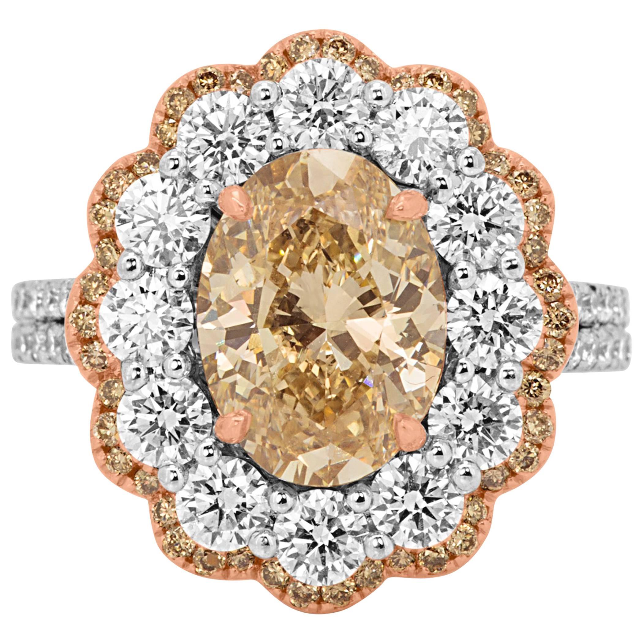 Certified Champagne Oval Diamond in Double Halo Two Color Gold Ring