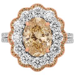 Certified Champagne Oval Diamond in Double Halo Two Color Gold Ring