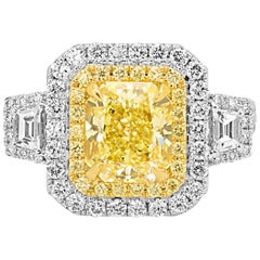 GIA Certified Yellow Diamond Two Color Gold Halo Three Stone Bridal Fashion Ring