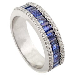 Statement Blue Sapphire Diamond 1.28 Carat Wedding Band Ring in 14k White Gold