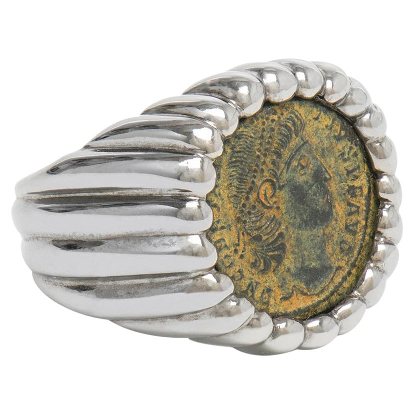 Dubini Constantino Antigua Moneda Romana de Bronce Rodio Negro Anillo de Plata