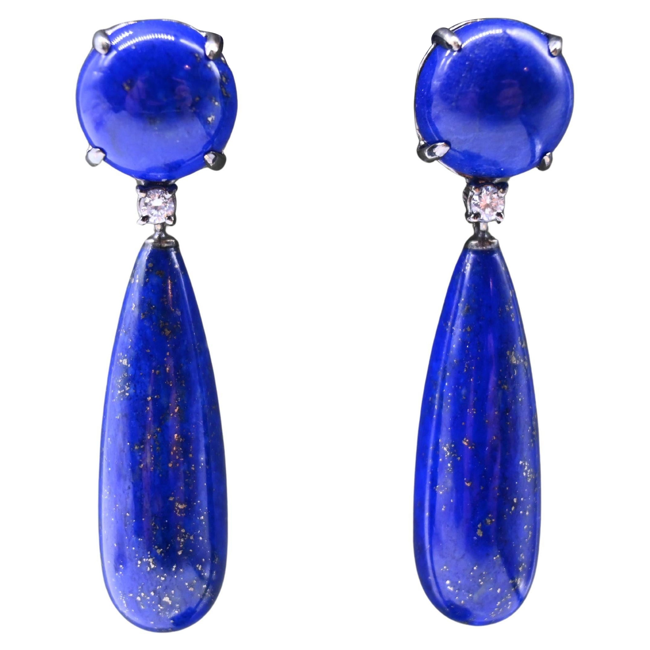 Earrings Diamonds Lapis Lazuli Black Gold 18 Carrats For Sale