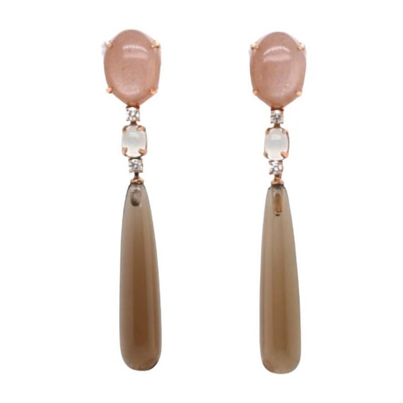 Earrings in Smoky Quartz, Black Agate Adorned with 0.32 Carat Diamonds For Sale
