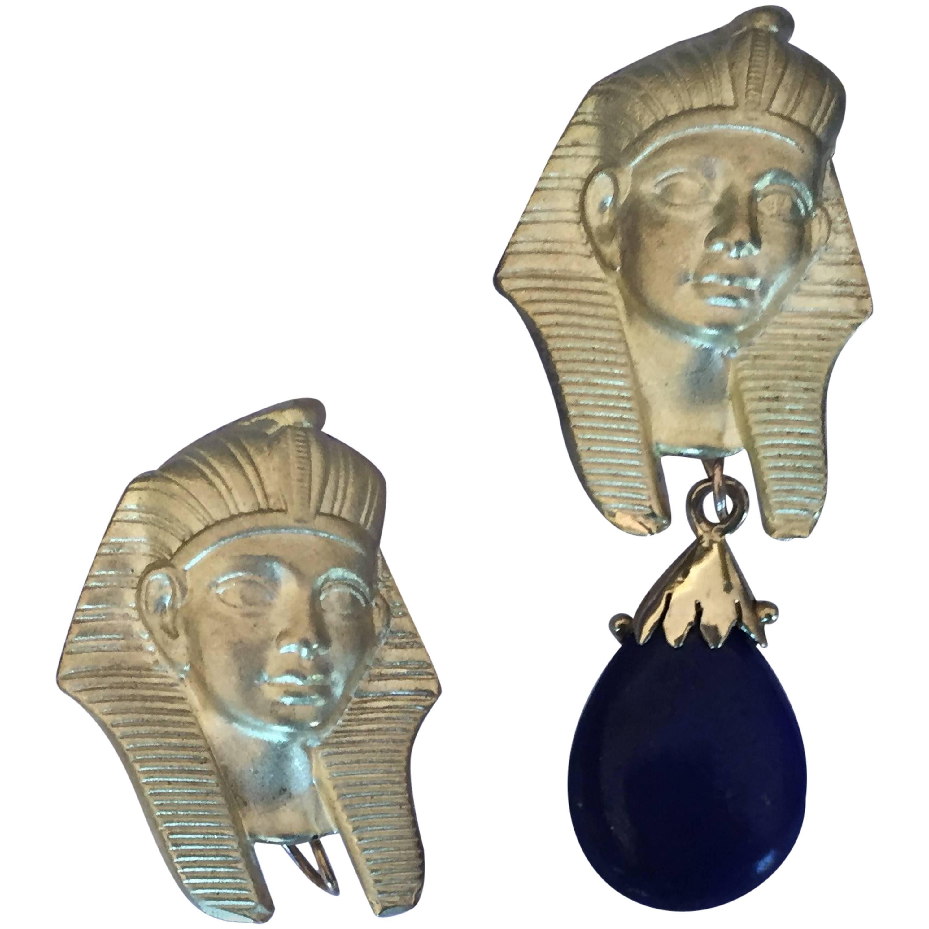 Regal Pharaoh Lapis Gold Clip and Post Earrings with Tear Shaped Lapis Drops