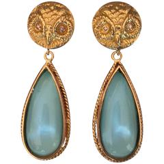 Diamond Eyed Gold Owl Earrings with Turquoise Quartz Drops 12