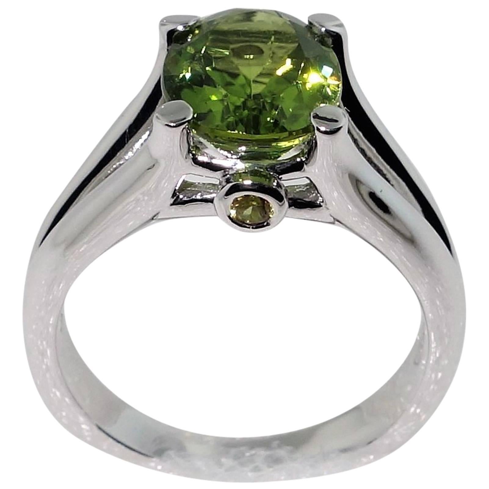 3.01 Carat Peridot Sapphire Sterling Silver Rhodium Ring For Sale
