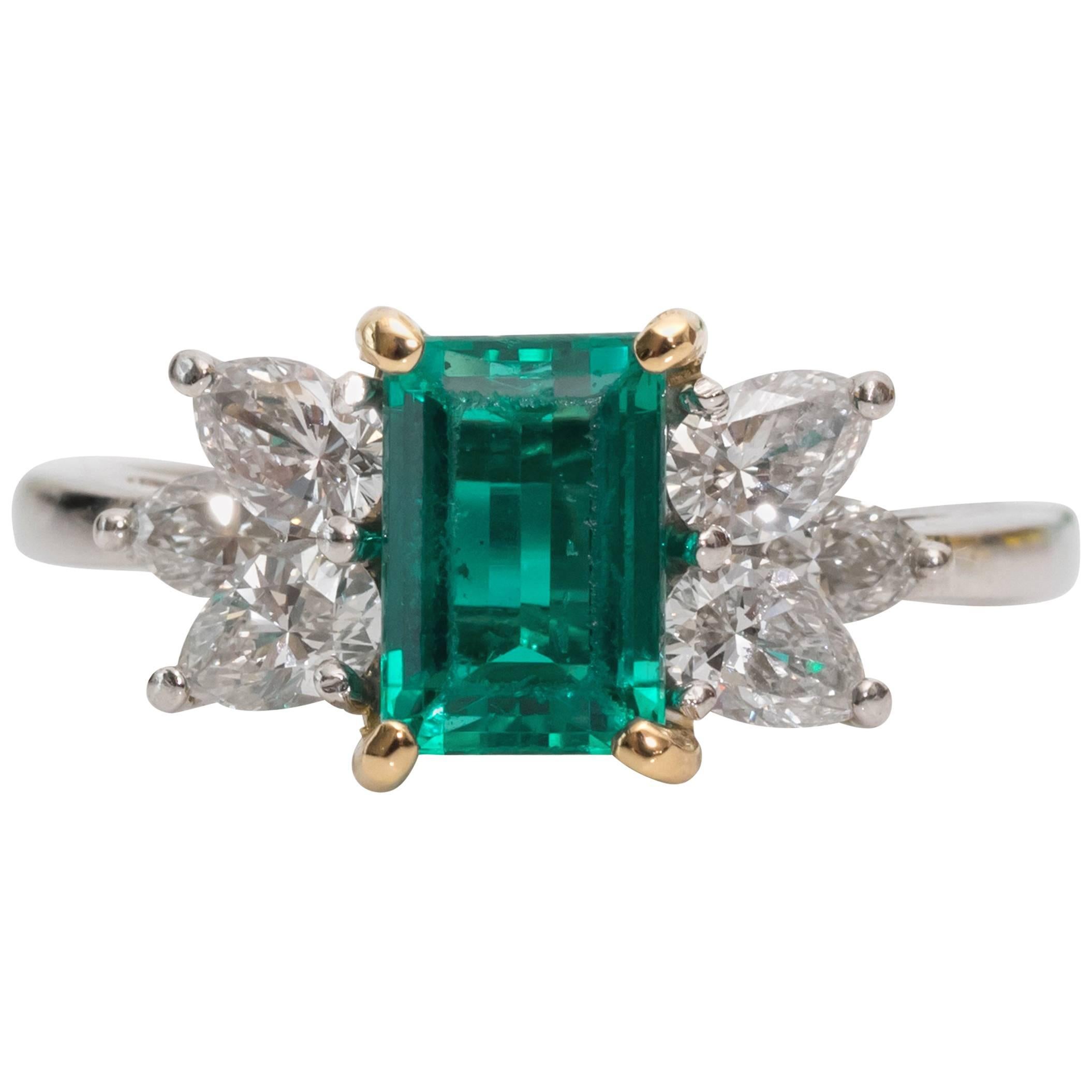 1980s Tiffany & Co. 1 Carat Emerald and Diamond Platinum Yellow Gold Ring