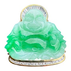 Large Apple Green Jade Happy Buddha Pendant With Diamonds Set in 18K Yellow Gold