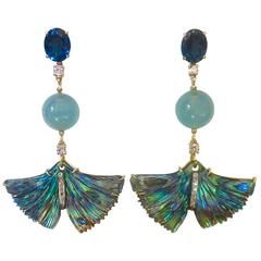 Michael Kneebone Topaz Aquamarine Diamond Abalone Ginkgo Leaf Dangle Earrings 2