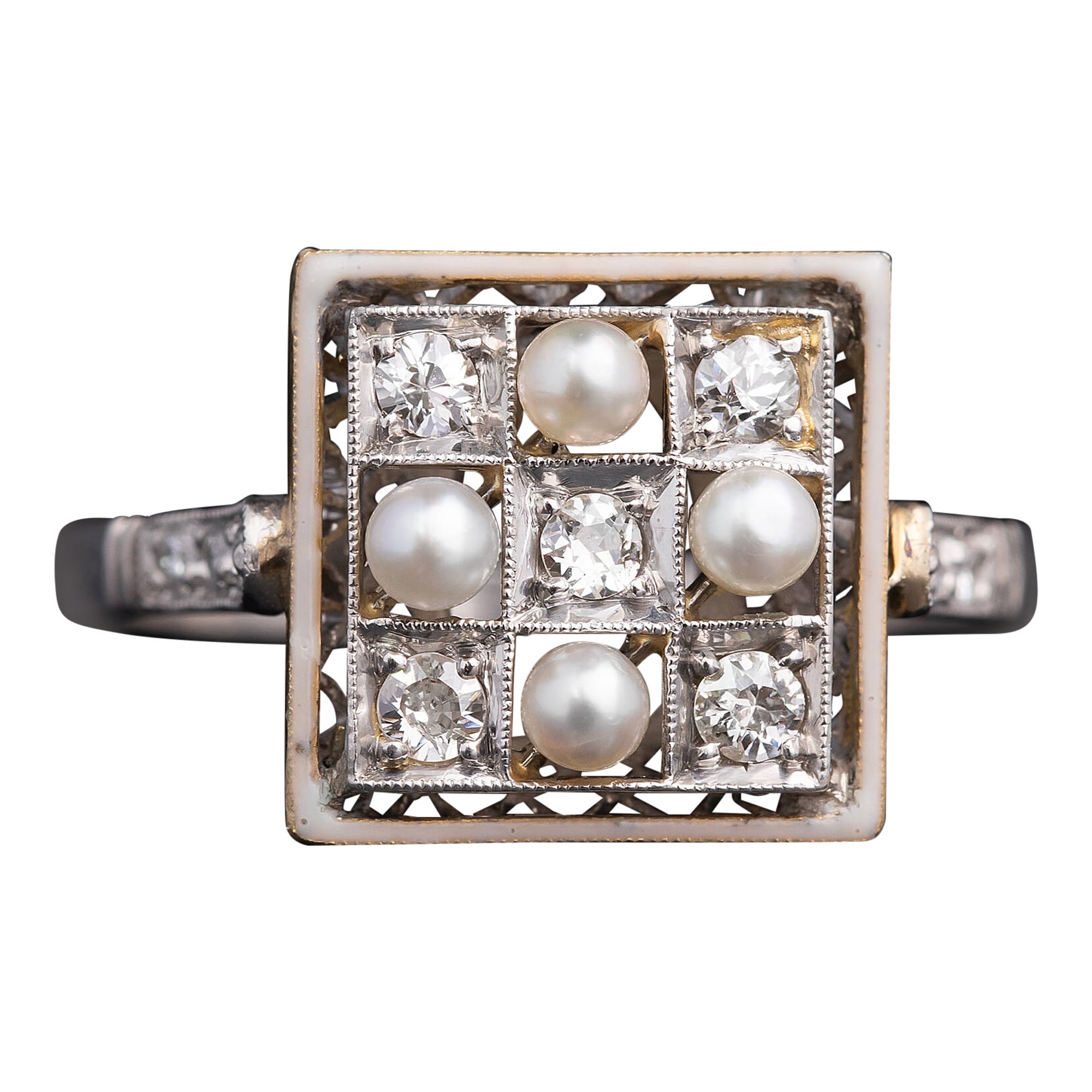 Art Deco Pearl, Diamond & Enamel Ring Circa 1930s