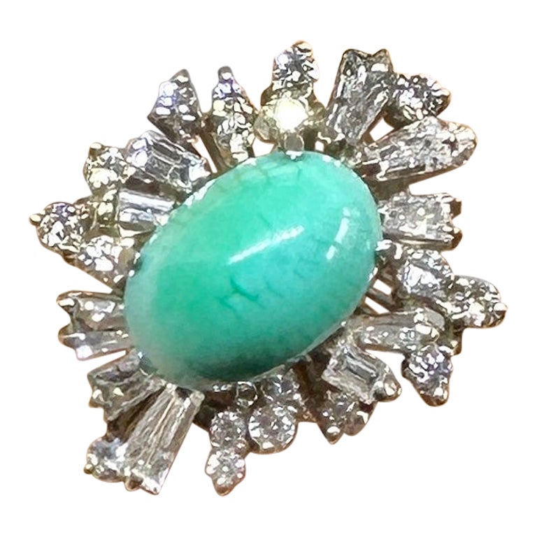 Persian Turquoise 2.5 Carat Diamond Ring Antique Retro Baguette Diamond Halo For Sale