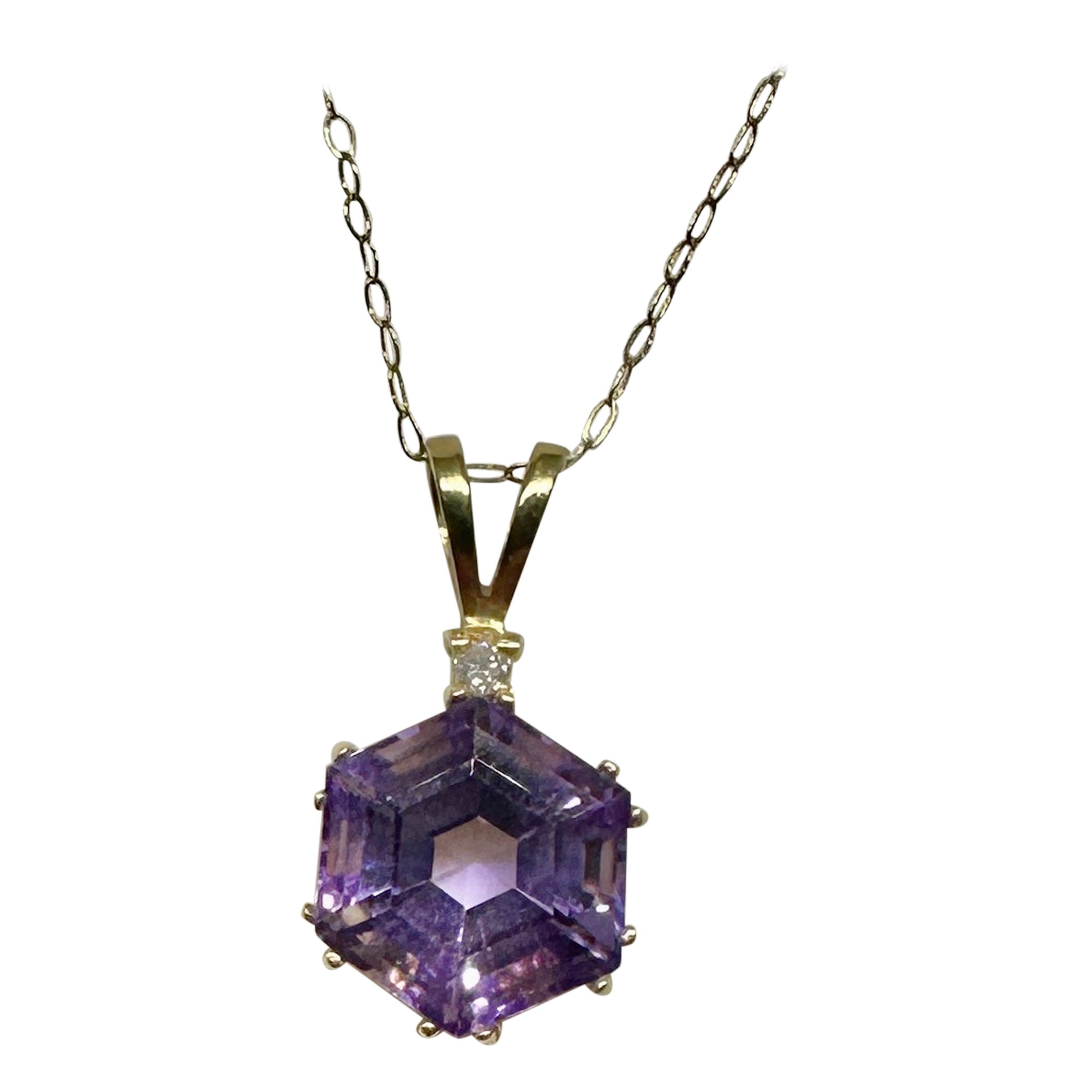 Collar Colgante Hexagonal Amatista Diamante Lavaliere Oro 14 Kilates Antiguo