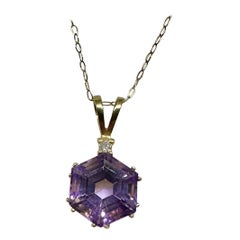 Collar Colgante Hexagonal Amatista Diamante Lavaliere Oro 14 Kilates Antiguo