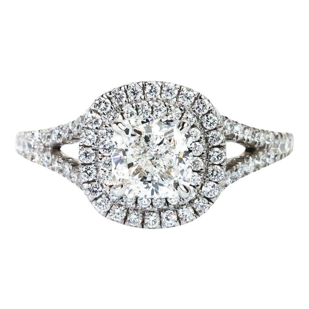 GIA Report Certified Cushion Cut E VVS Diamond Double Halo Ring in 950 Platinum For Sale