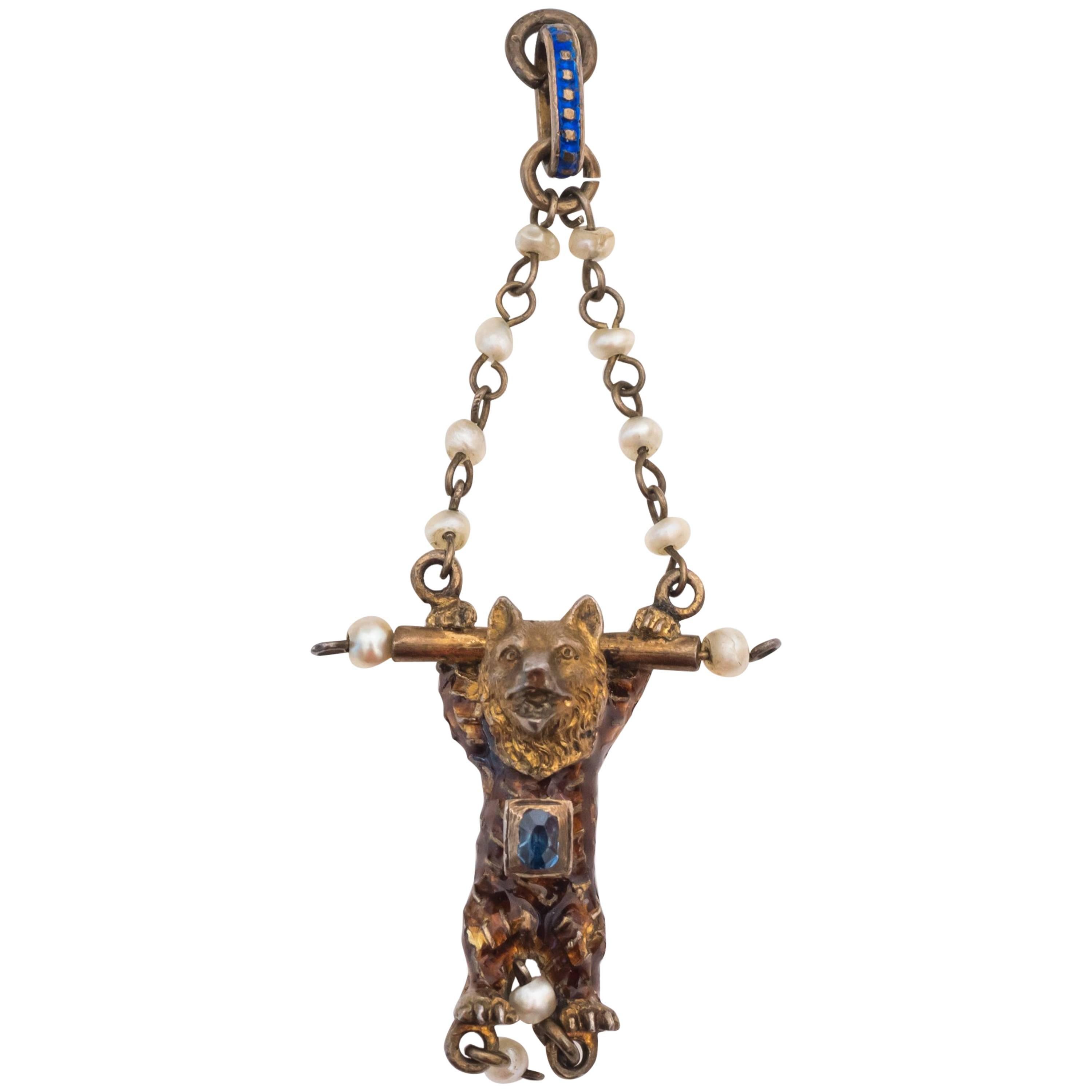 1890s Hanging Circus Bear Charm with Sapphire and Pearl Accents