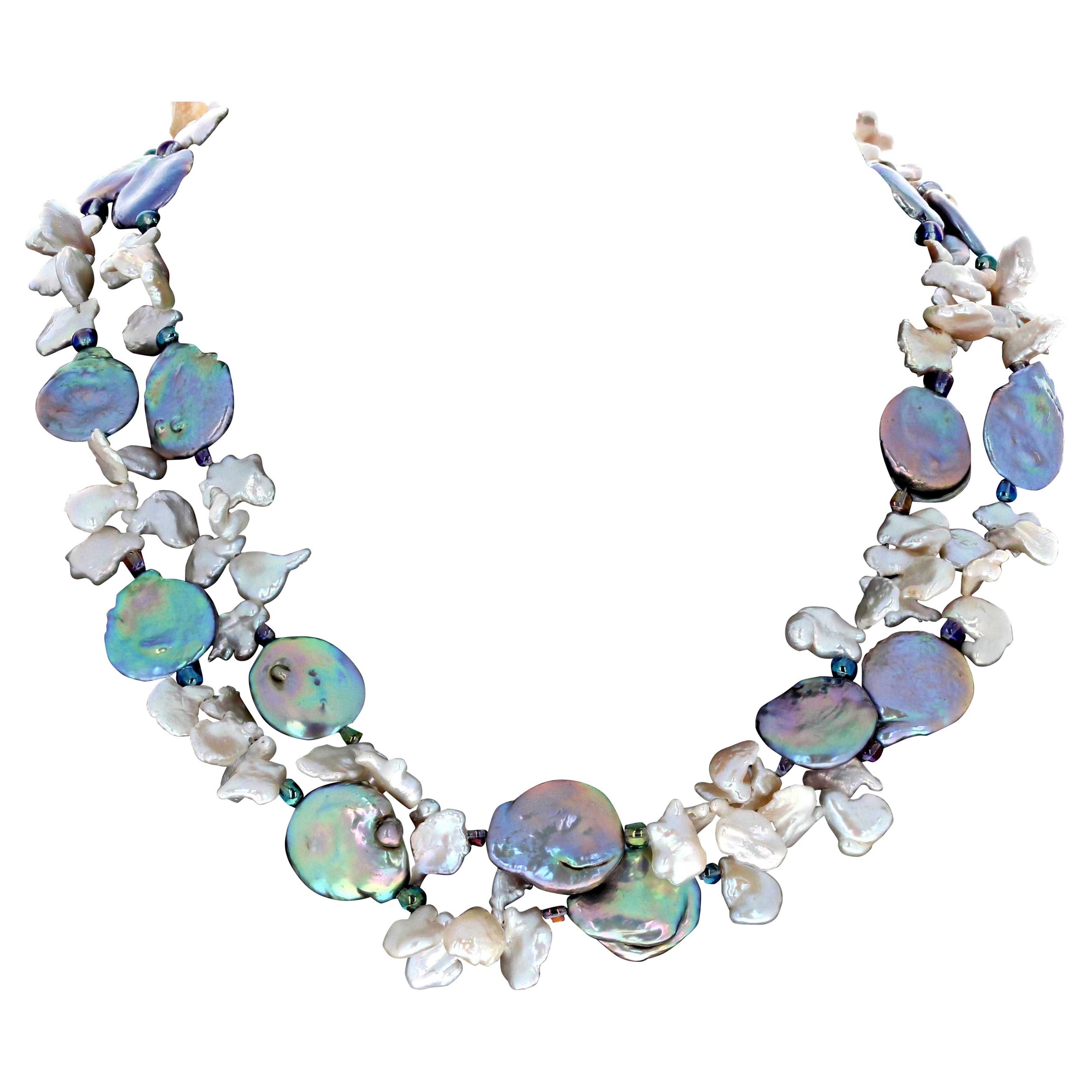 AJD Gorgeous Natural Pinky-Purply-Green-White Pearls Double Strand 17" Necklace For Sale