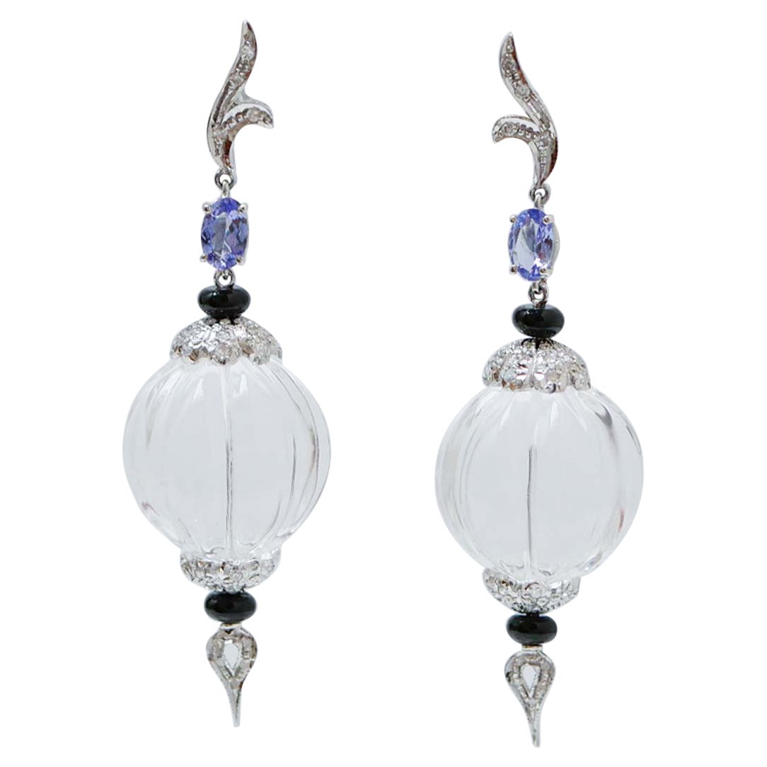 Rock Crystal, Onyx, Tanzanite , Diamonds, 14 Karat White Gold Earrings. For Sale
