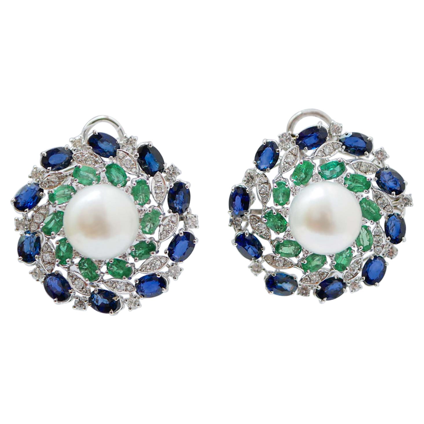 White Pearls, Emeralds, Sapphires, Diamonds, 14 Karat White Gold Earrings.