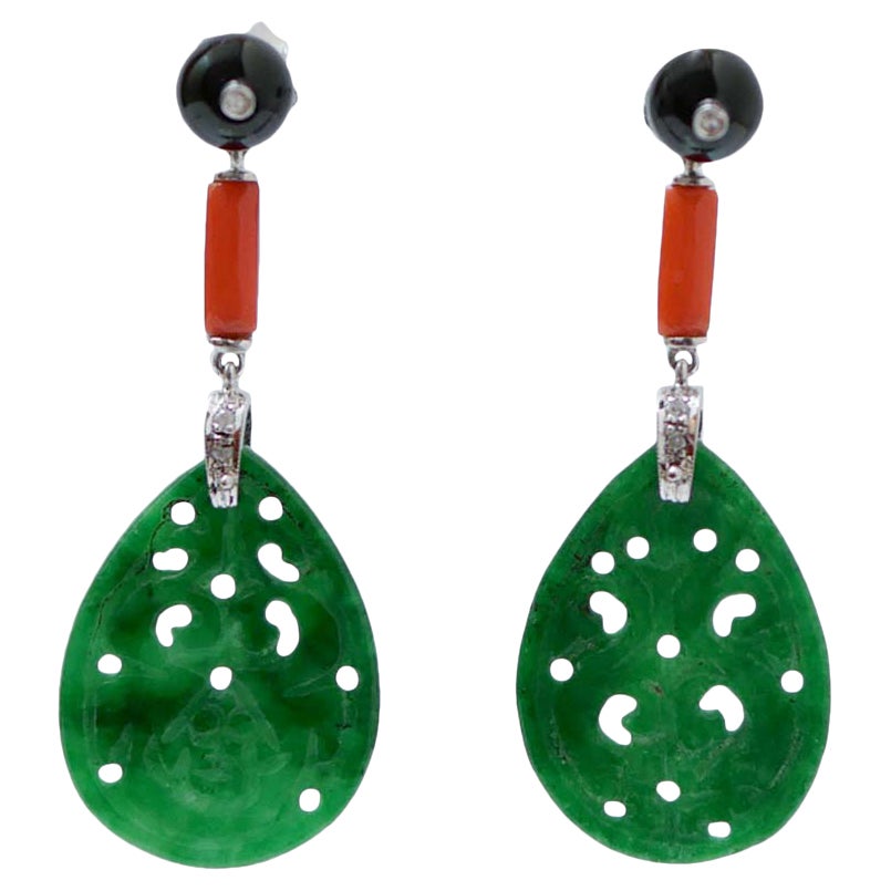 Jade, Coral, Onyx, Diamonds, Platinum Earrings.