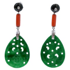 Jade, Coral, Onyx, Diamonds, Platinum Earrings.