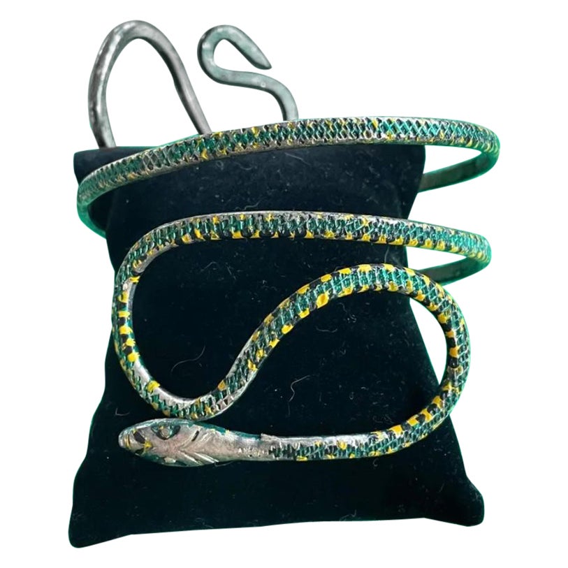 Enamel Serpent Snake Bracelet Silver Green Yellow Enamel Armband Bangle