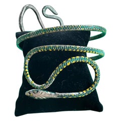 Enamel Serpent Snake Bracelet Silver Green Yellow Enamel Armband Bangle
