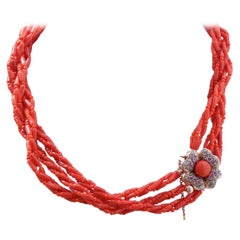Coral, Rubies, Diamonds, Rose Gold and Silver Necklace.