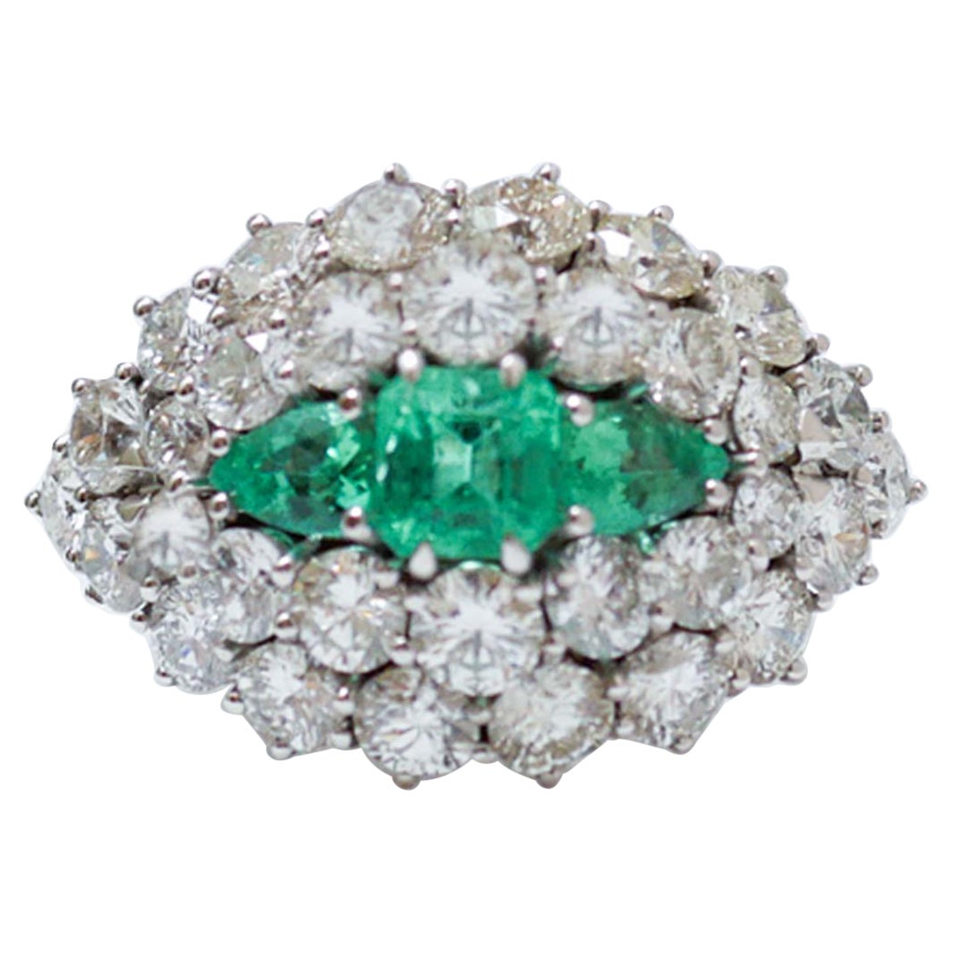 Emeralds, Diamonds, 14 Karat White Gold Ring.