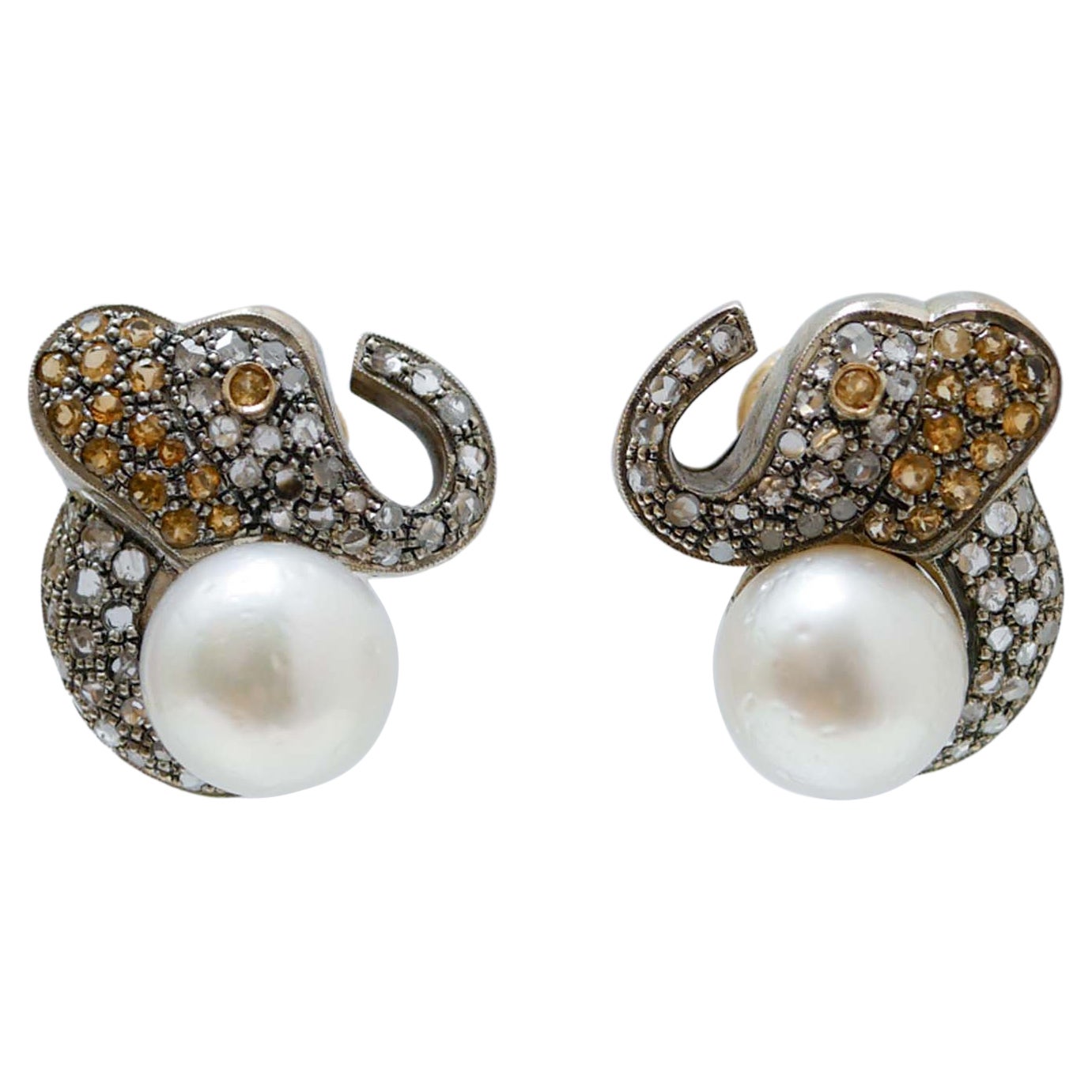Yellow Sapphires, Diamonds, Pearls, 18 kt Rose Gold and Silver Earrings.