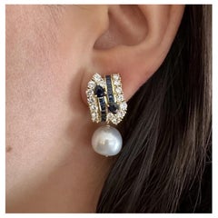 Natural Sapphire and Diamond Earring with Pearl Drop in 18k Yellow Gold