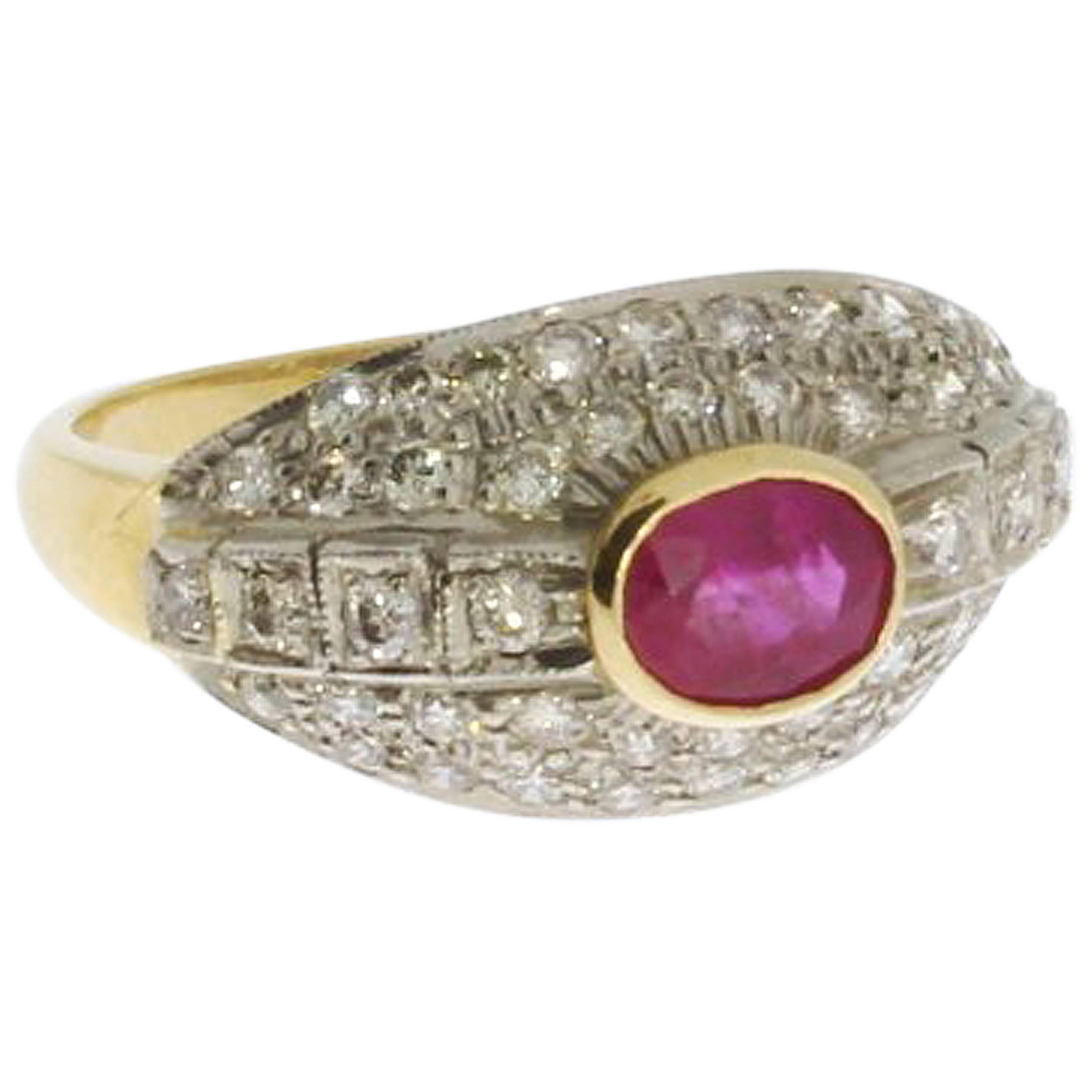 Ruby Diamond Gold Cluster Ring For Sale