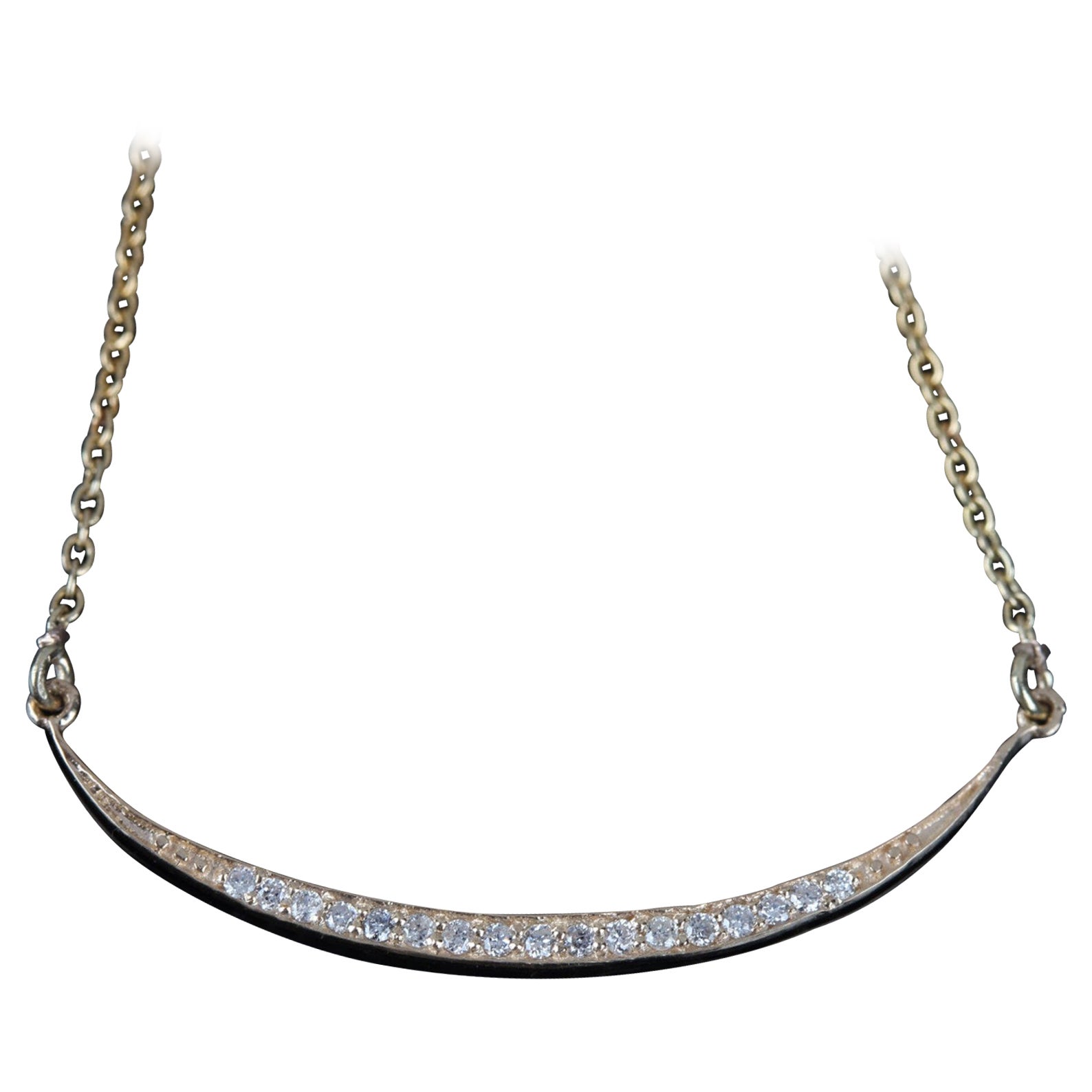 14K Solid Yellow Gold Natural Pave Diamond Crescent Moon Necklace For Women.