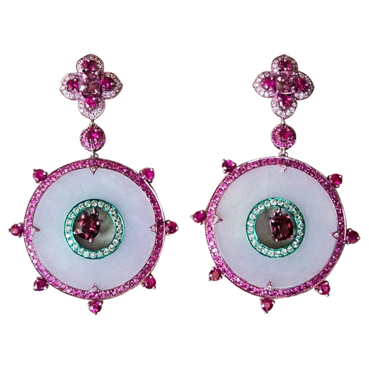 3.43 carats, Spinel, Ruby, Pink Sapphires, Lavender Jade & Diamonds Hoop Earring For Sale