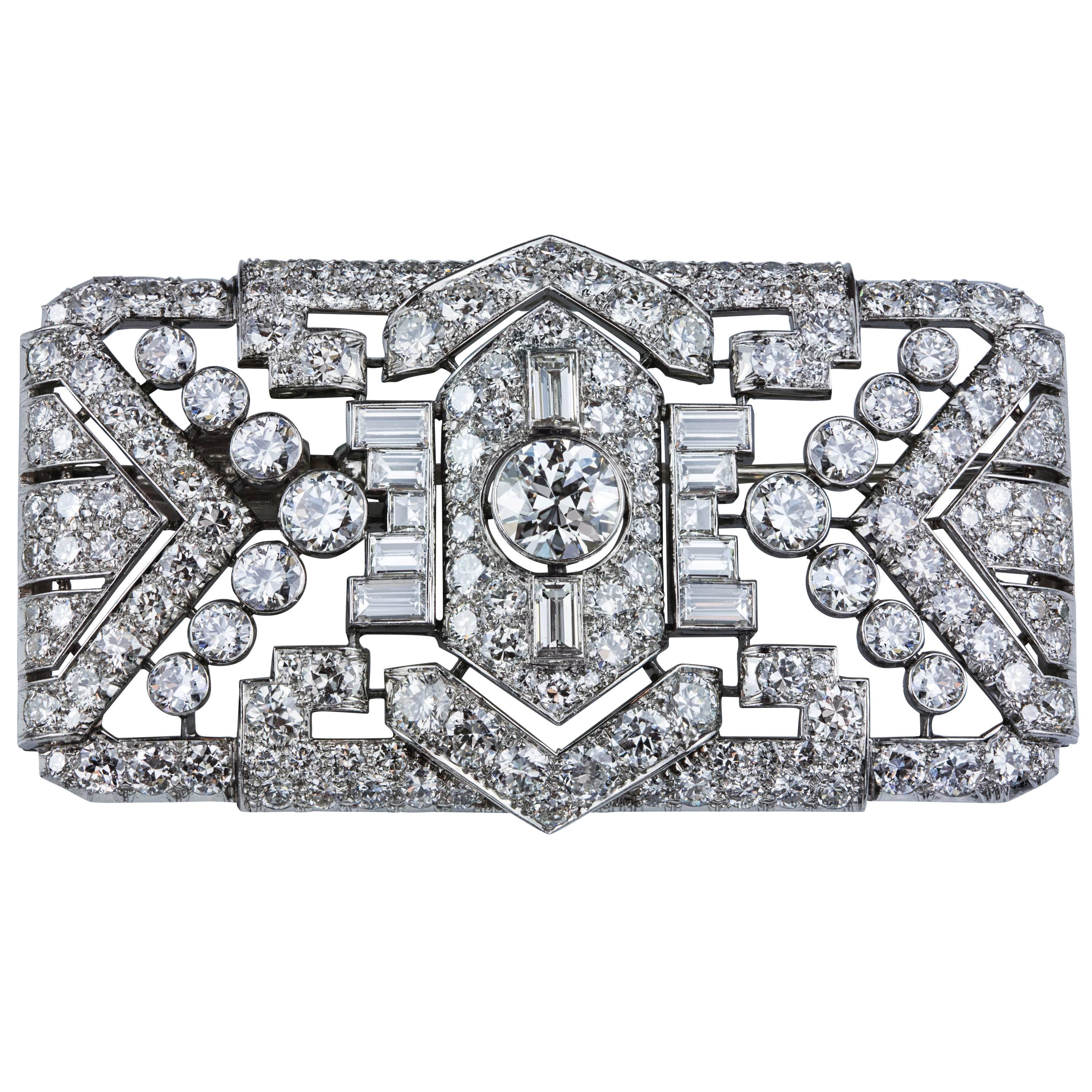 14.80 Carats Total Art Deco Diamond Platinum Panel Brooch For Sale