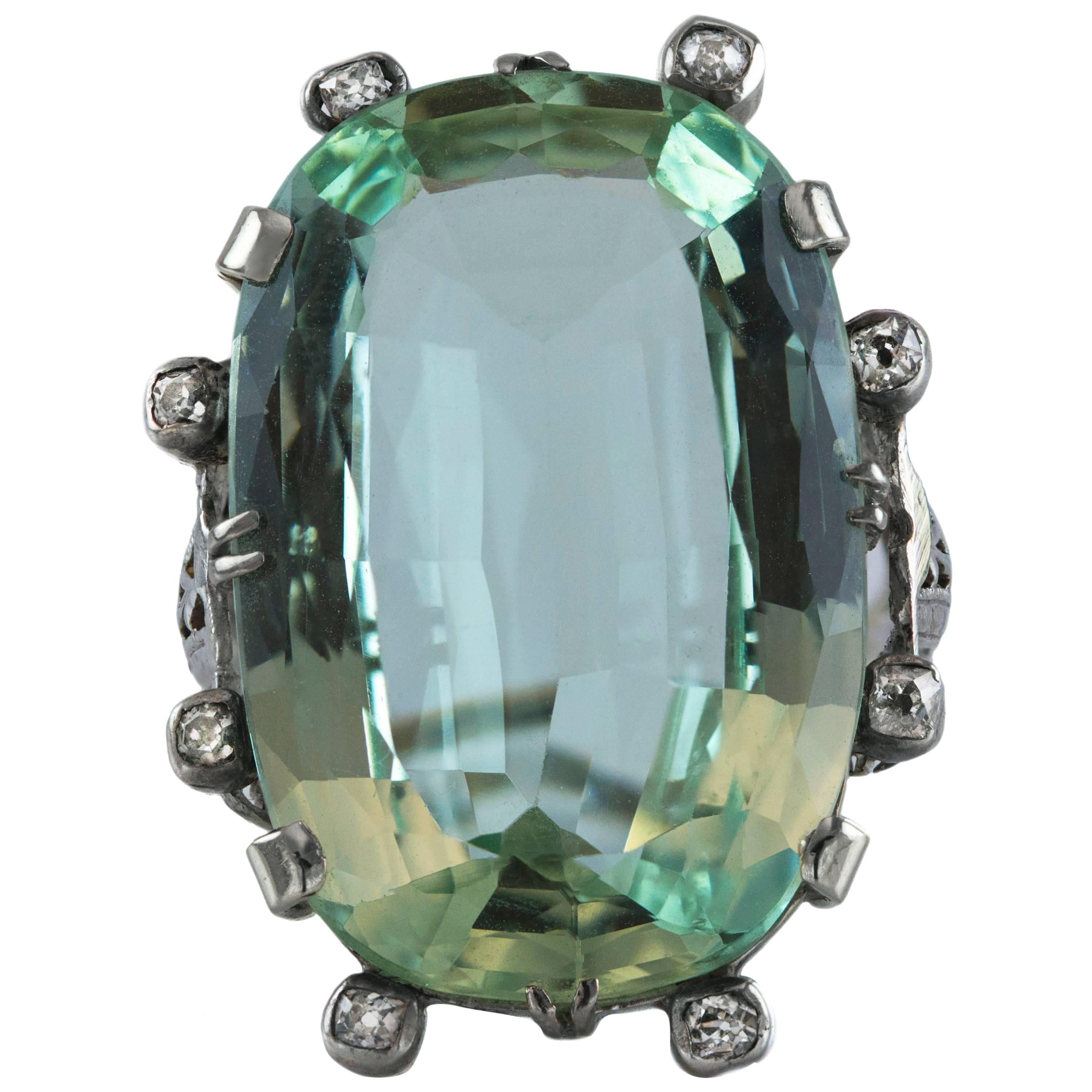 34.18 Carats Antique Green Aquamarine with Diamond Cocktail Ring