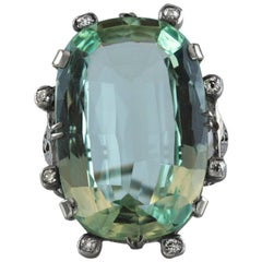 34.18 Carats Antique Green Aquamarine and Old Mine Cut Diamond Cocktail Ring