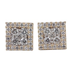 Square Shaped 14k Yellow Gold Studs Natural Pave Diamond Earring Gift For Women.