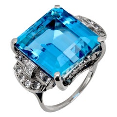 Art Deco 19.02 carat aquamarine diamond platinum cocktail ring