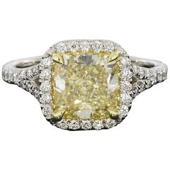 Canary Yellow Cushion GIA Certified Diamond Halo Engagement Ring