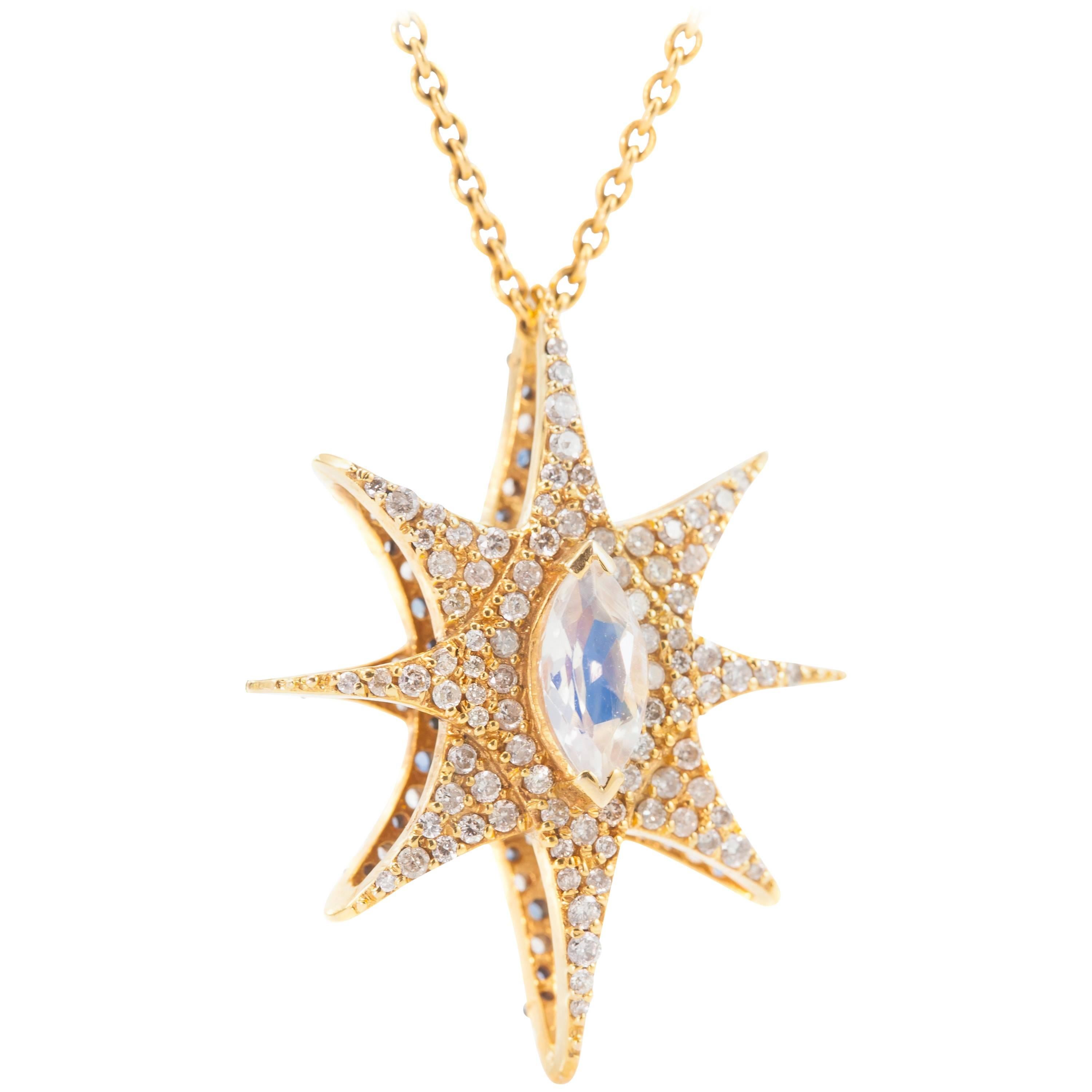 1.60 Carat Diamond, Rainbow Moonstone 18kt Gold Star Pendant by Lauren Harper For Sale