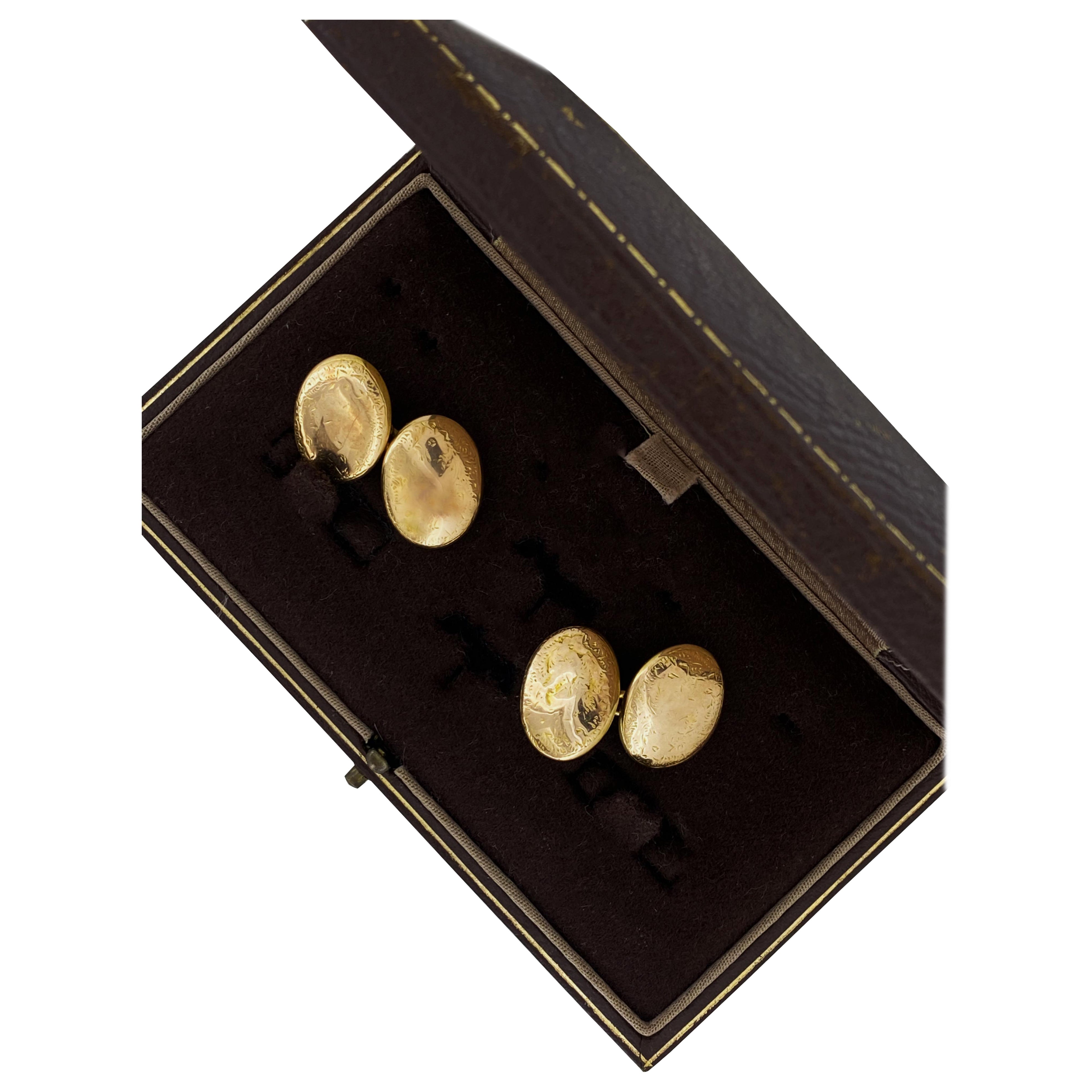 Antique Edwardian 15K Yellow Gold Cufflinks, English Hallmarks: Chester, c1905 For Sale