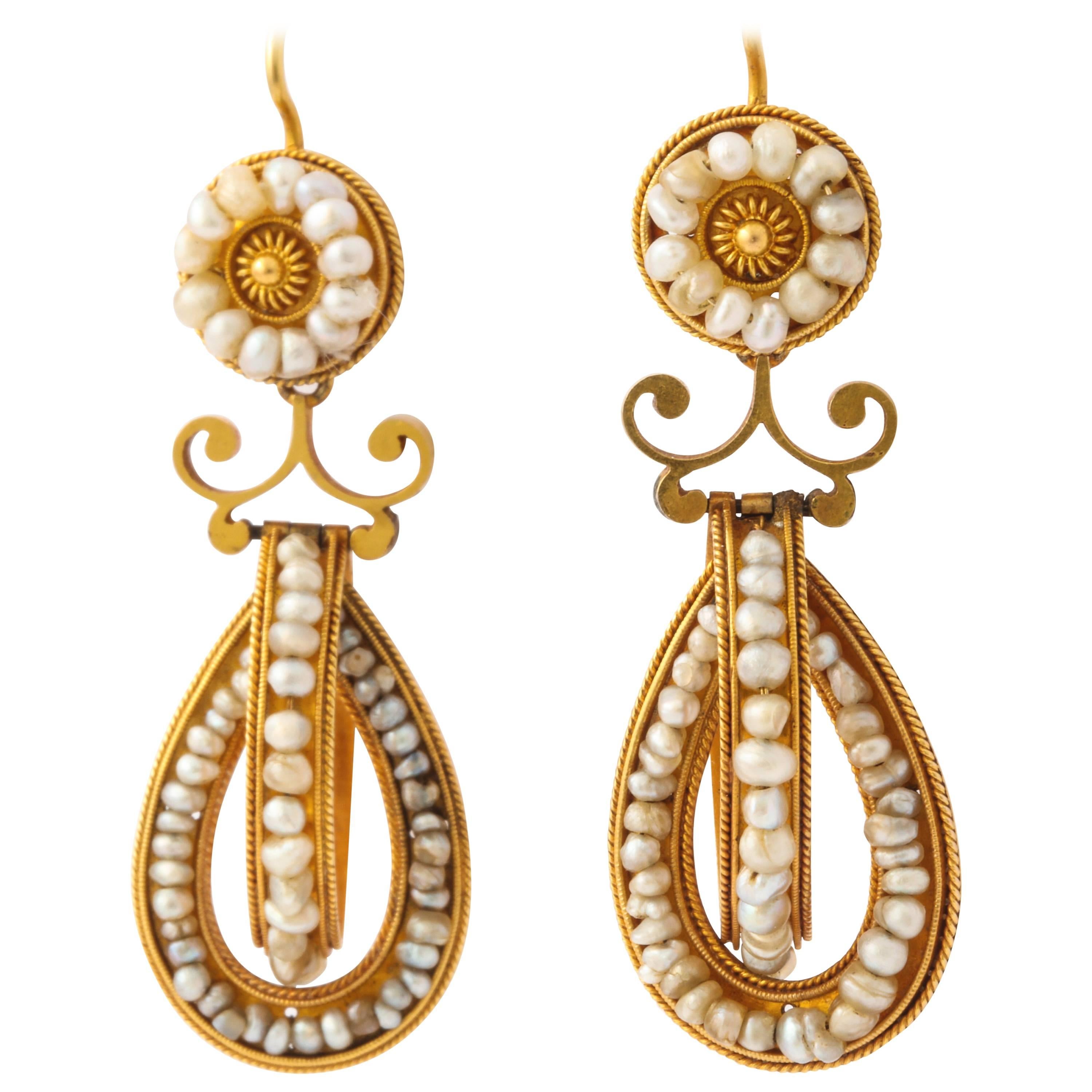 Romantic Period Natural Seed Pearl Double Hoop Gold Earrings circa 1860