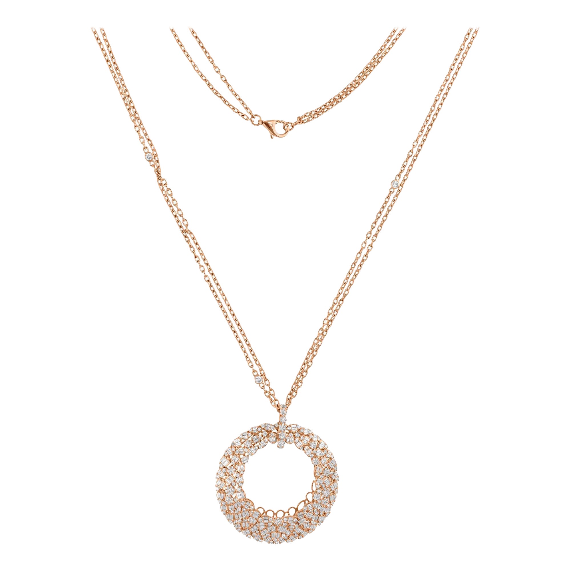 4.25 Carat SI/H Baguette & Round Diamond Pendant Necklace 14 Karat Rose Gold