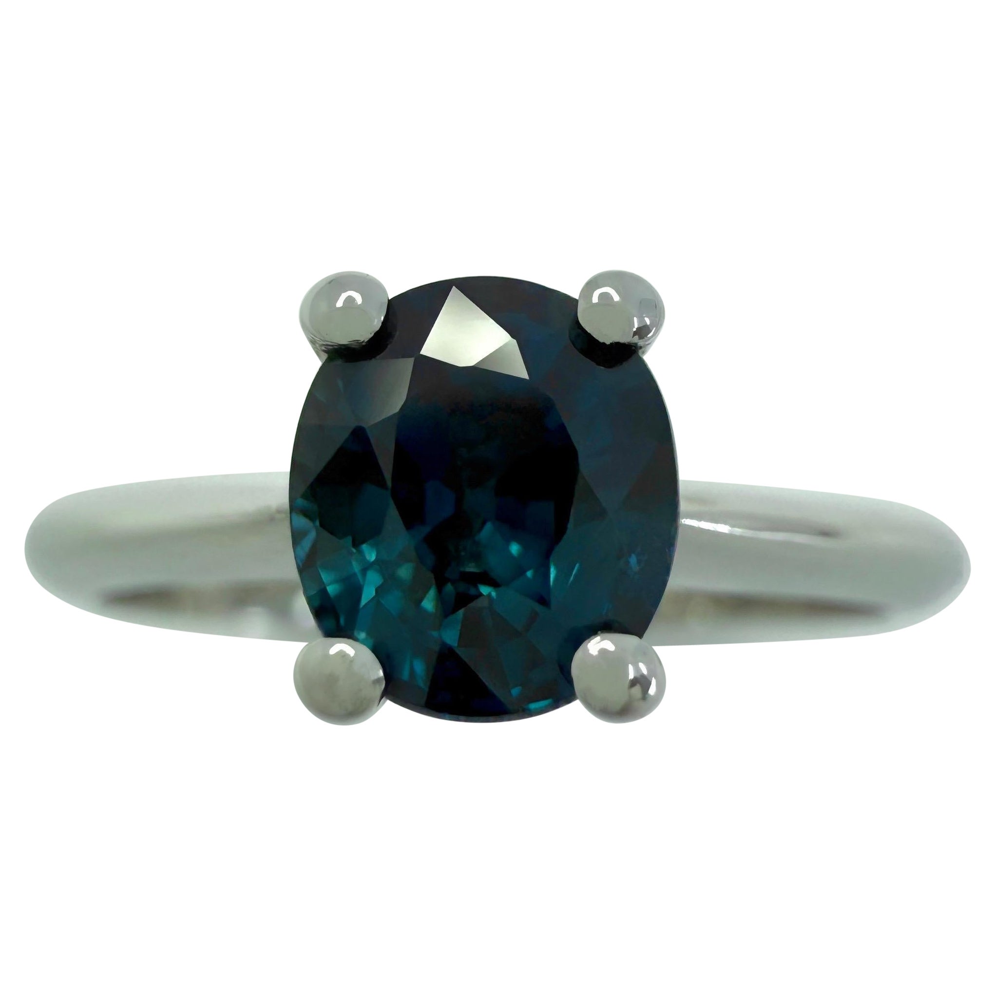 Natural 1.00ct Deep Teal Blue Sapphire Oval Cut Platinum Solitaire Ring For Sale