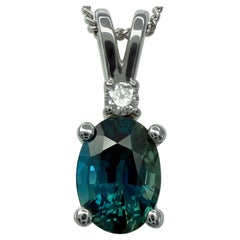 1.00ct Vivid Teal Blue Oval Cut Sapphire Diamond 14k White Gold Pendant Necklace