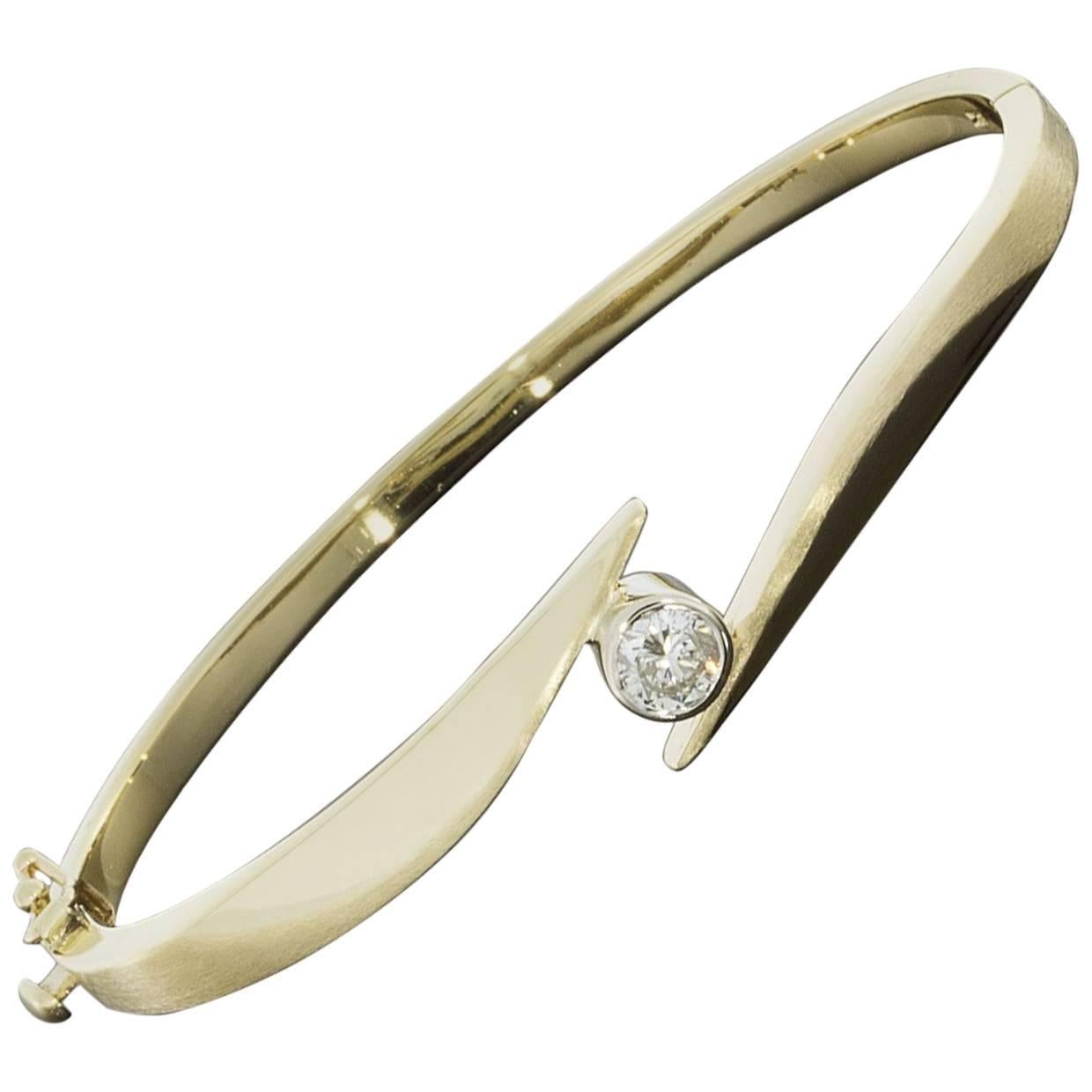 Solitaire Diamond Bezel Yellow Gold Bypass Hinged Bangle Bracelet