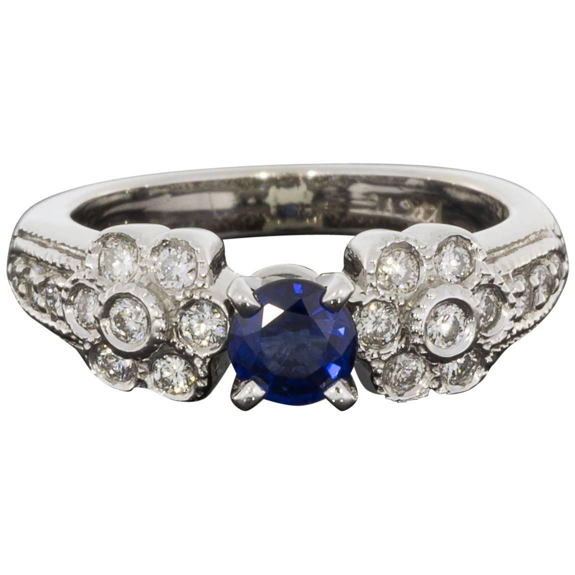 Blue Sapphire Diamond White Gold Flower Design Engagement Ring