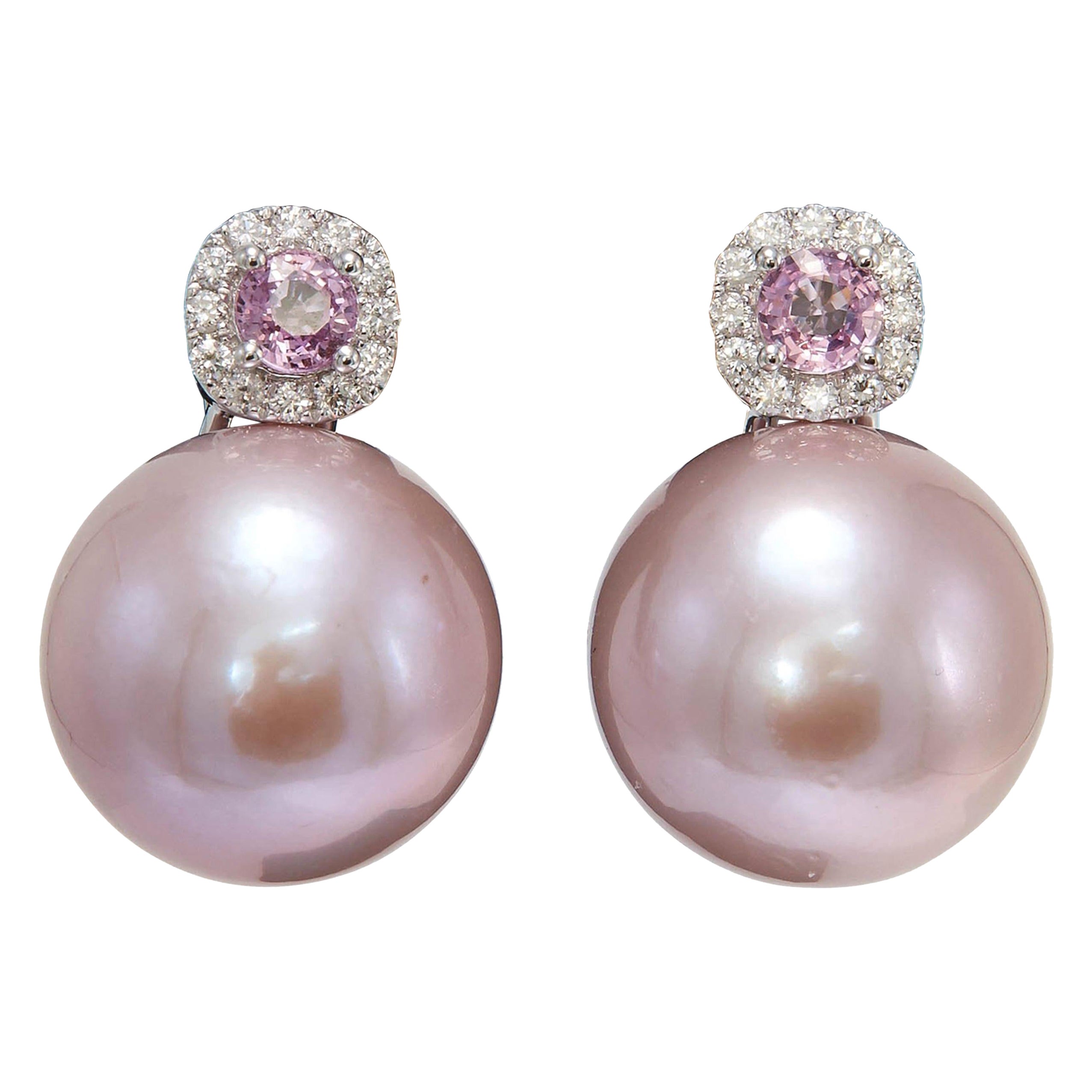 Zafiro rosa y perla de agua dulce Pendientes de diamantes 0,80 CTTW 14-15 MM 18KT en venta