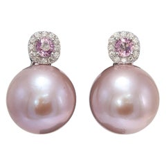 Pink Sapphire & Freshwater Pearl Diamond Drop Earrings 0.80 CTTW 14-15 MM 18KT